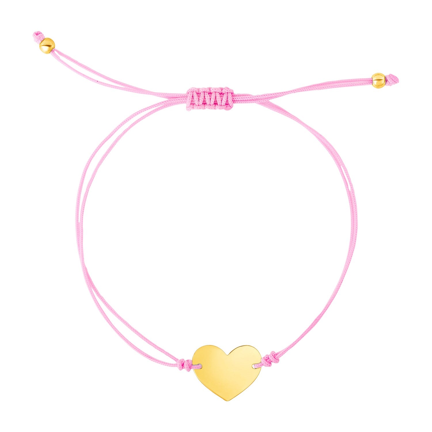 9 1/4 inch Pink Cord Adjustable Bracelet with 14k yellow Gold Heart in a sleek high-contrast midnight luxury editorial style